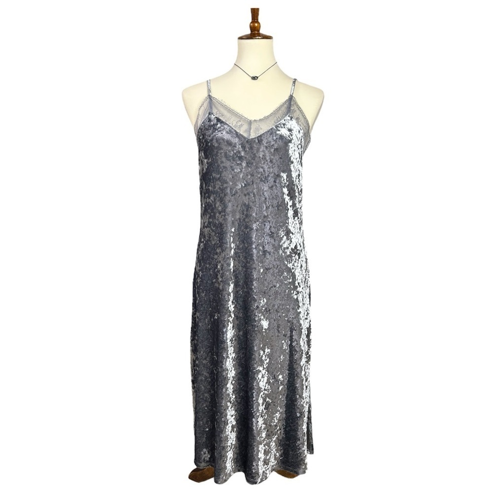 Mossimo Supply Co. Crushed Velvet Slip Dress Med Grey Lace Whimsical Ethereal